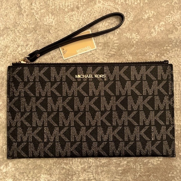 Brand New Michael Kors Large Zippered Clutch Wristlet Black & Gold Jet Set - Picture 1 of 15